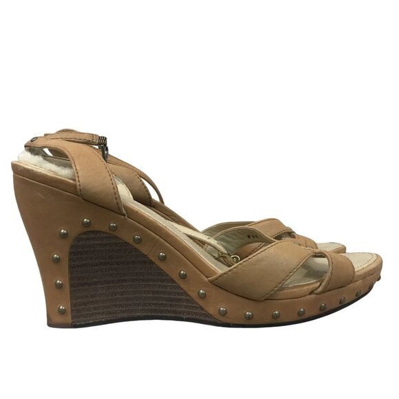 UGG Australia Tan Leather Wedge Sandals Shearling Footbed Studded Size 8.5 - Picture 2 of 12